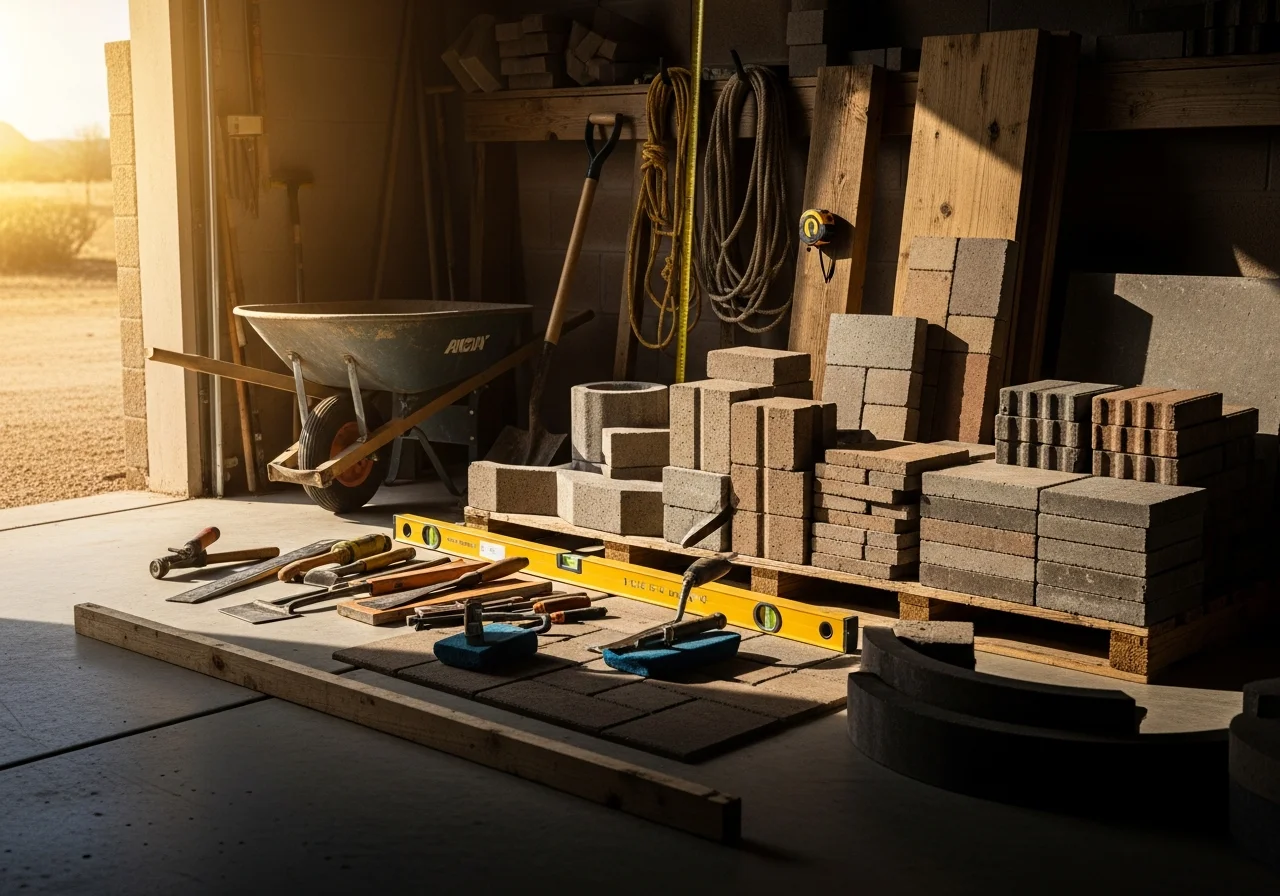 Masonry tools, landscape equipment, and hardscape materials staged on a job site or shop floor, showcasing the range of construction and landscaping services.