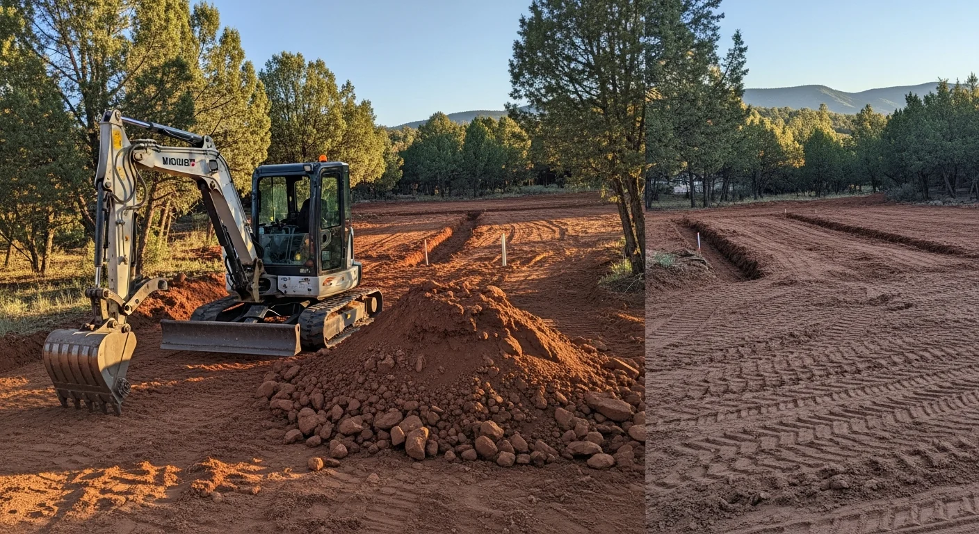Excavation equipment preparing residential building site with trenching and grading