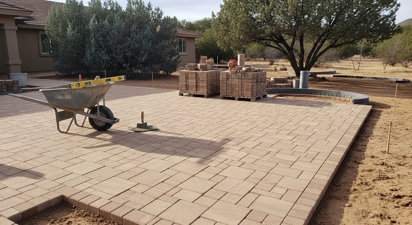 Professional masonry contractor installing stone retaining wall and pavers
