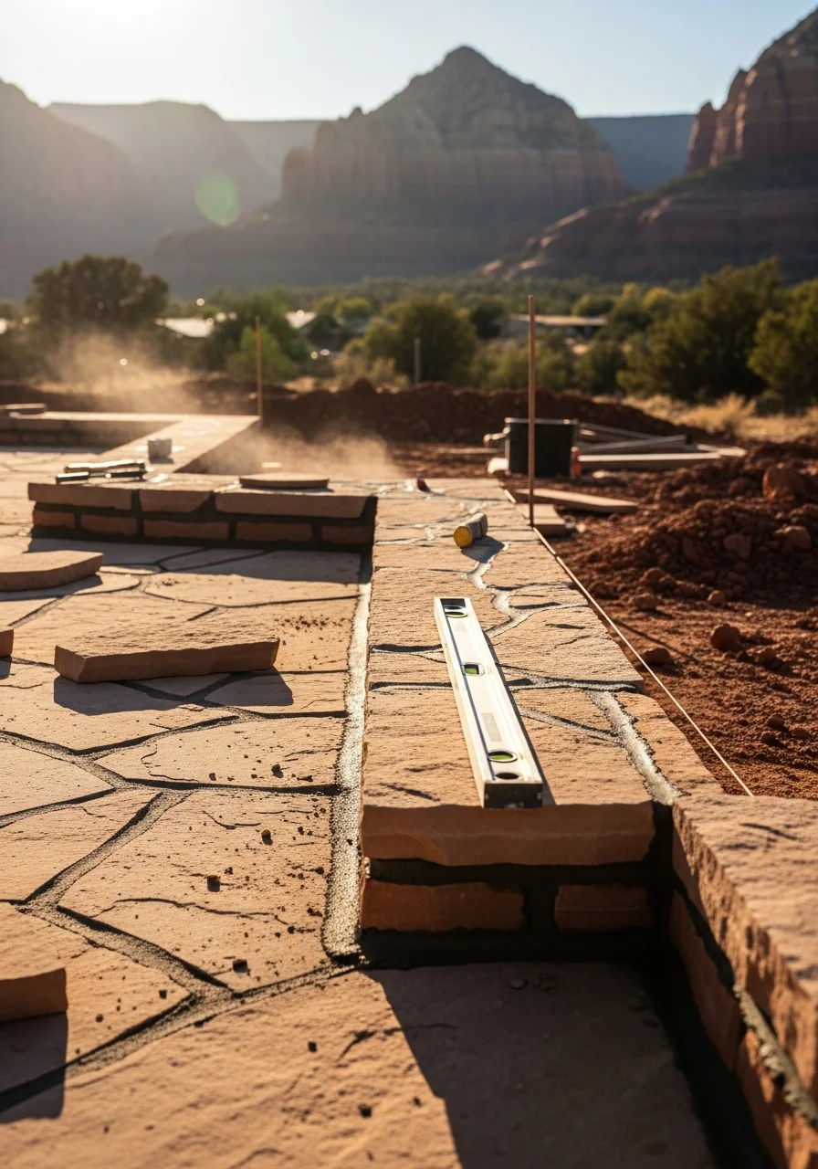 Professional team member inspecting a Cottonwood-area home with red rock formations visible in distance.