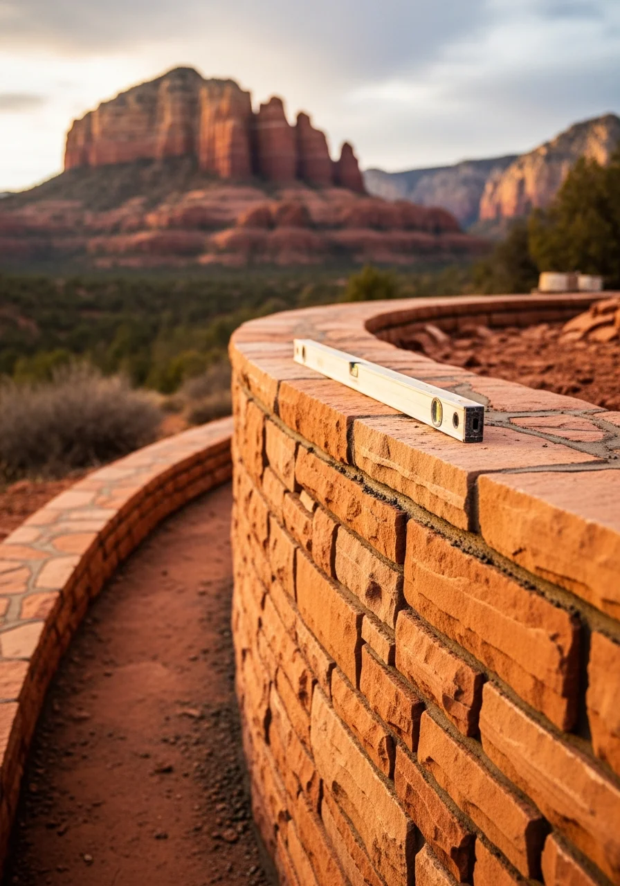 Craftsperson working on a Sedona property with red rock cliffs and natural landscape in background.