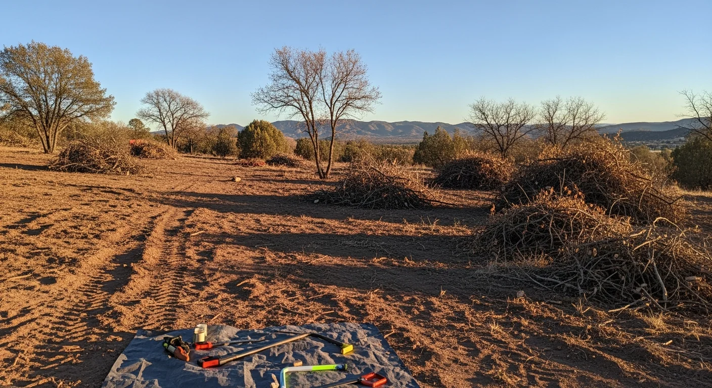 A cleared residential lot in Wilhoit, Arizona showing removed brush, cut shrubs, and clean ground with surrounding desert and woodland vegetation visible in the background. A crew from A's Masonry Construction and Landscaping LLC works along the property edge removing overgrown debris.