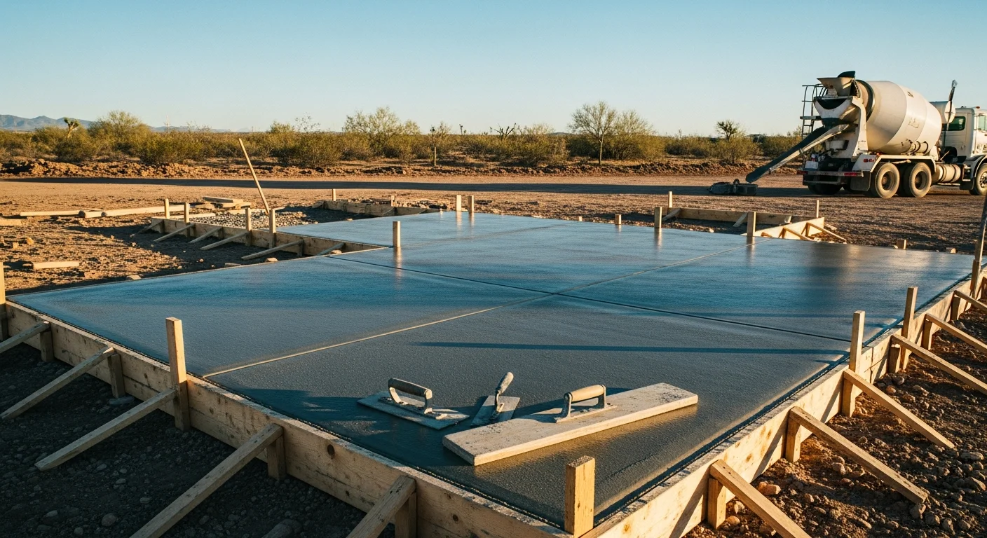 Freshly poured concrete driveway slab at a rural residential property in Wilhoit, Arizona, with rocky desert terrain visible in the background. A masonry contractor smooths the surface using a screed tool during the finishing stage.