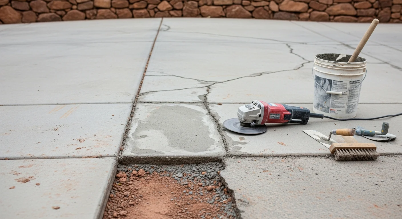Repaired concrete driveway surface on a residential property in Wilhoit, Arizona, showing filled cracks and a smooth, level finish. Surrounding desert landscape and dry-climate vegetation visible in the background.