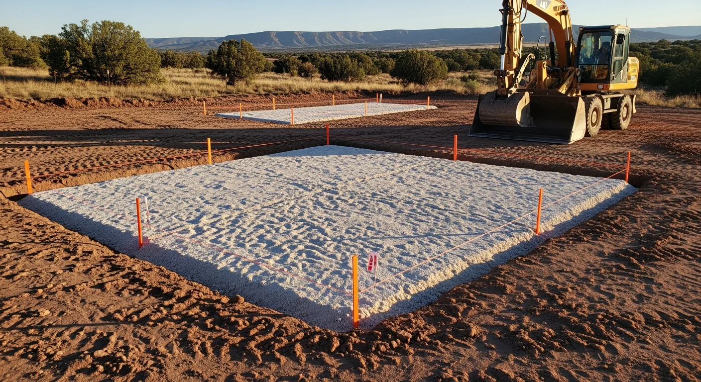 A graded residential lot in Wilhoit, Arizona showing leveled terrain with compacted soil and a defined drainage slope. Heavy equipment tracks are visible across the cleared surface, with the high-elevation Yavapai County landscape visible in the background.