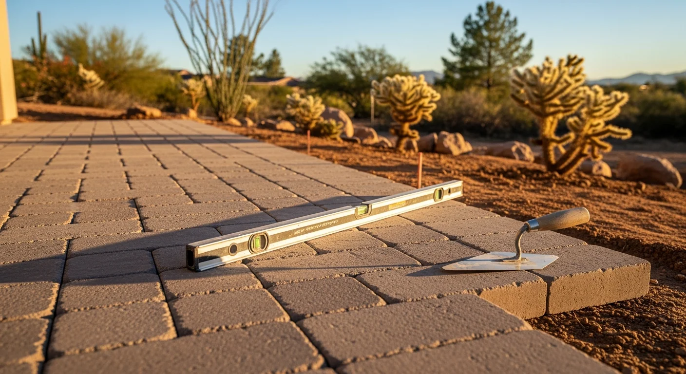A completed masonry hardscape installation at a Wilhoit, Arizona property, showing a stone patio and retaining wall built into a sloped desert lot with natural rock surroundings. The finished surface sits level and clean against the hilly Yavapai County terrain.
