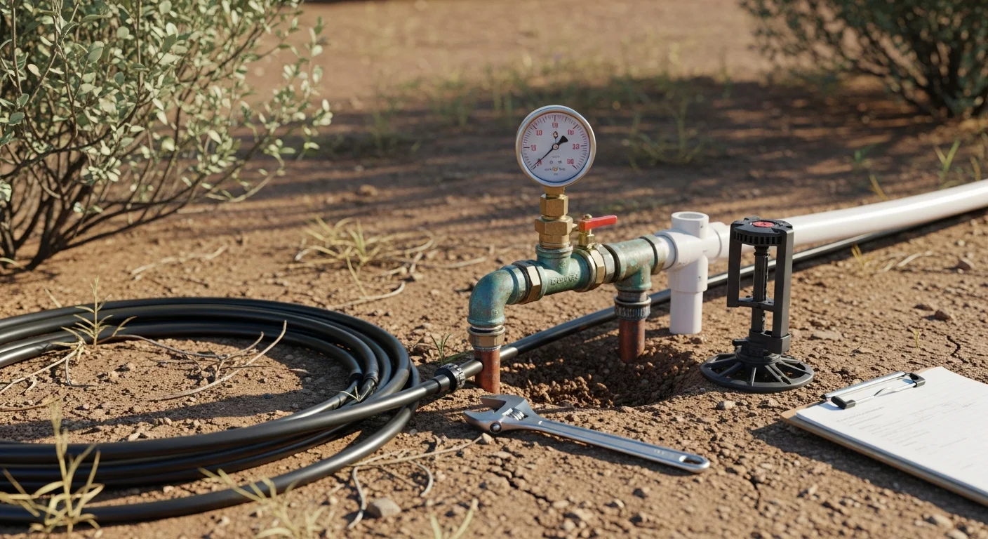 A landscaping technician inspecting a drip irrigation emitter and valve box in a residential yard in Wilhoit, Arizona. Dry rocky soil and desert-adapted shrubs are visible in the background.