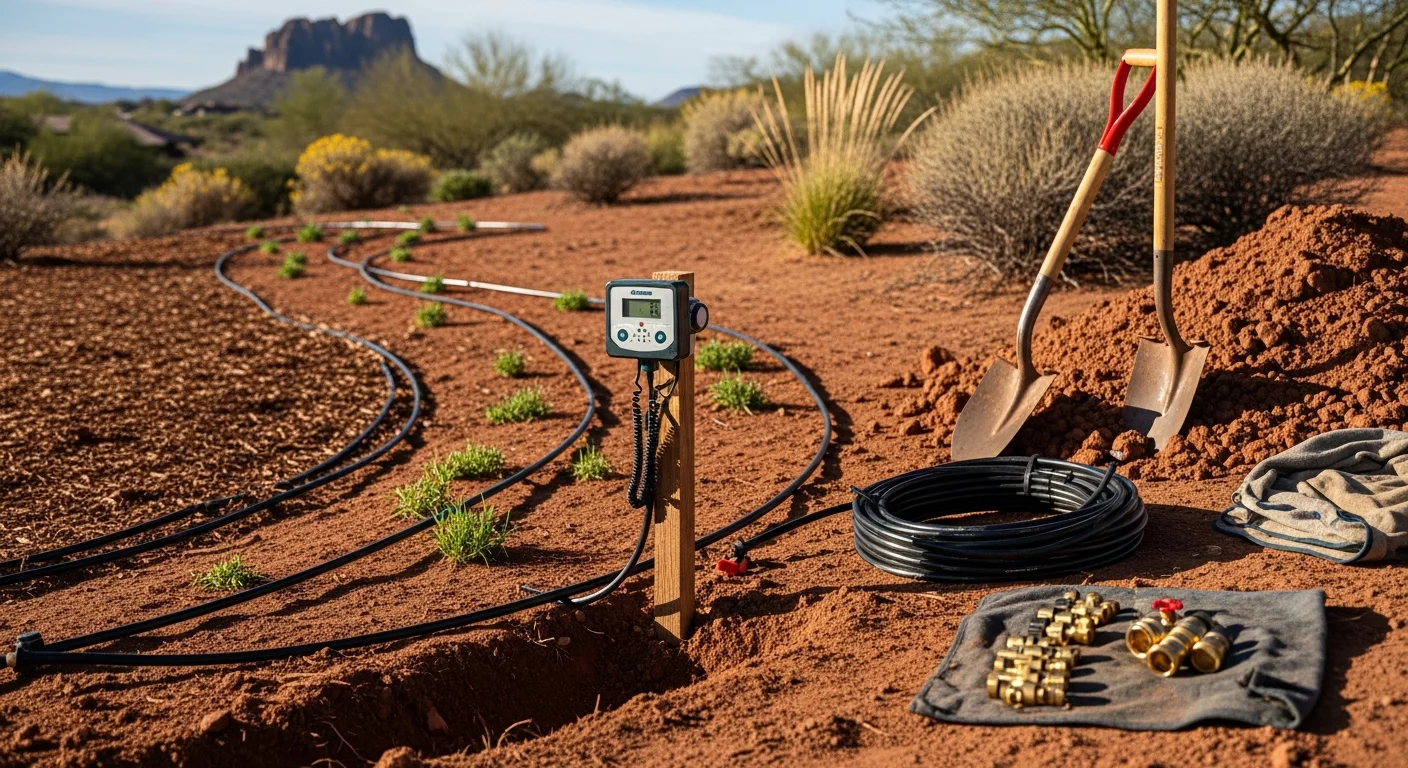Freshly installed drip irrigation lines running along a desert landscape bed in Wilhoit, Arizona, with emitters positioned at the base of native shrubs. A residential yard in the Yavapai County high desert with visible valve box and PVC mainline set against dry rocky soil.
