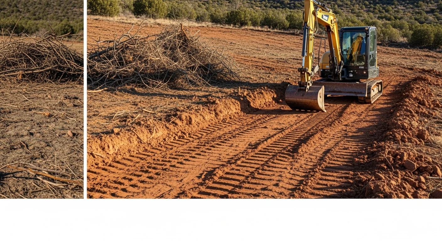 A cleared rural lot in Wilhoit, Arizona with rocky soil and removed brush piles staged at the edge of the property. Heavy excavation equipment sits on graded ground ready for the next phase of site preparation.