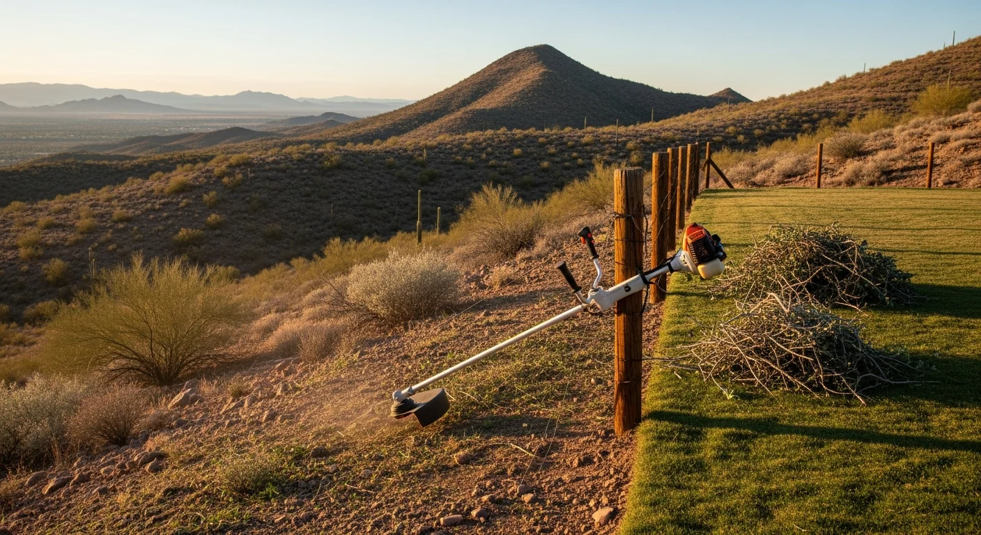 A well-maintained residential yard in Wilhoit, AZ with neatly trimmed edges, cleared debris, and healthy desert-adapted plants on a hilly lot. A landscape crew from A's Masonry Construction and Landscaping LLC works on mowing and weed control under a clear Arizona sky.