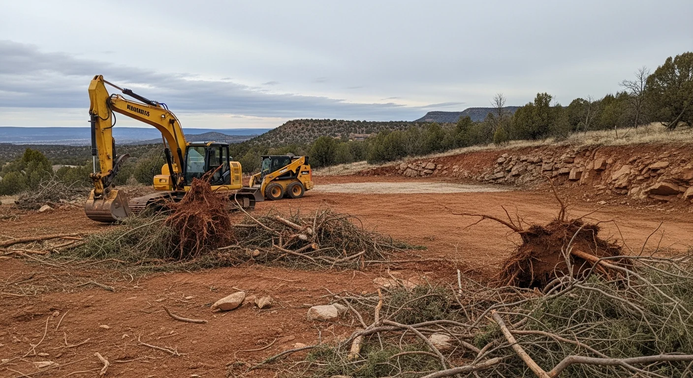 A cleared rural lot in Wilhoit, Arizona showing bare graded soil with brush and root debris removed, surrounded by high-desert scrub vegetation on a sloped Yavapai County parcel. An excavator is visible at the edge of the cleared area near a rocky embankment.
