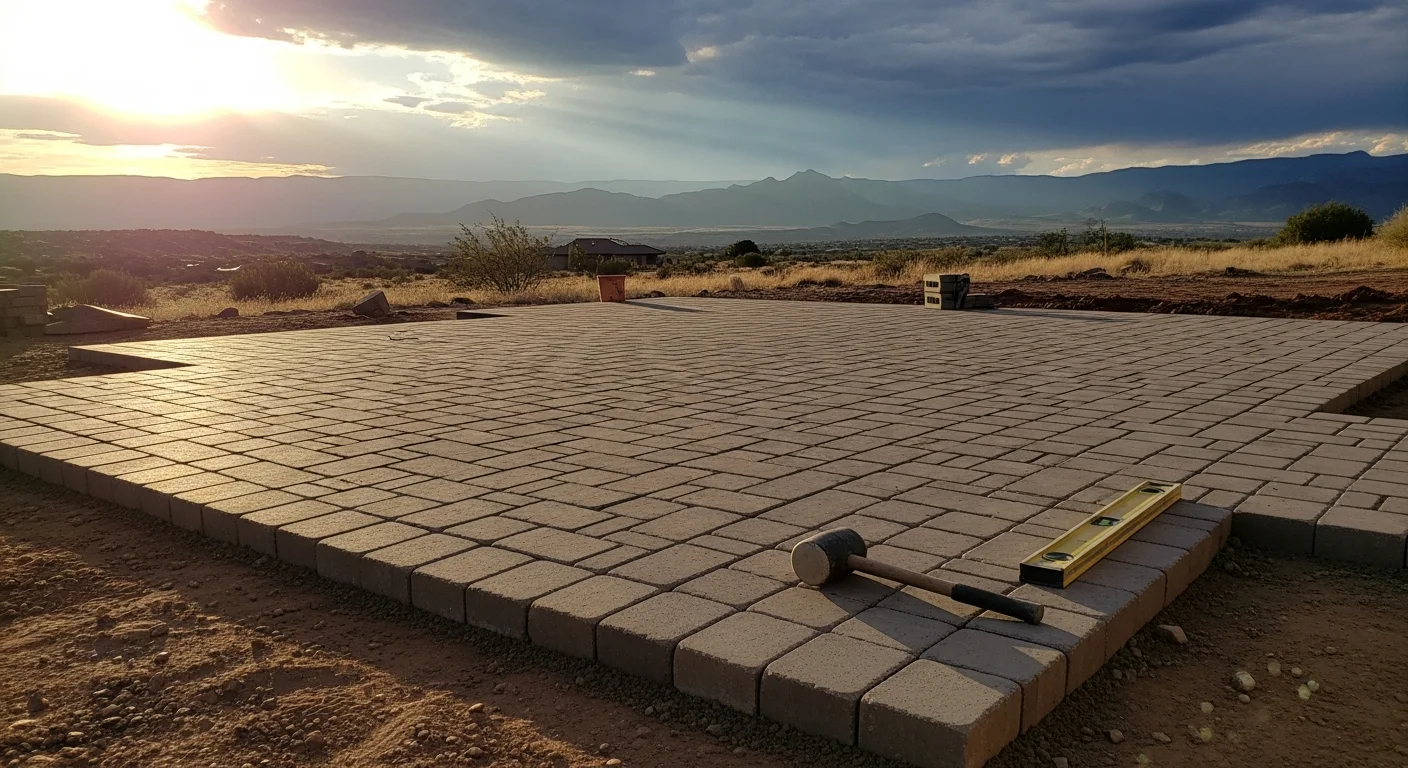 Freshly installed stone pavers forming a wide residential driveway on a hillside lot in Wilhoit, Arizona, with desert landscape and clear blue sky in the background. A's Masonry Construction and Landscaping LLC completed the paver installation with tight joints and a level surface graded for drainage.