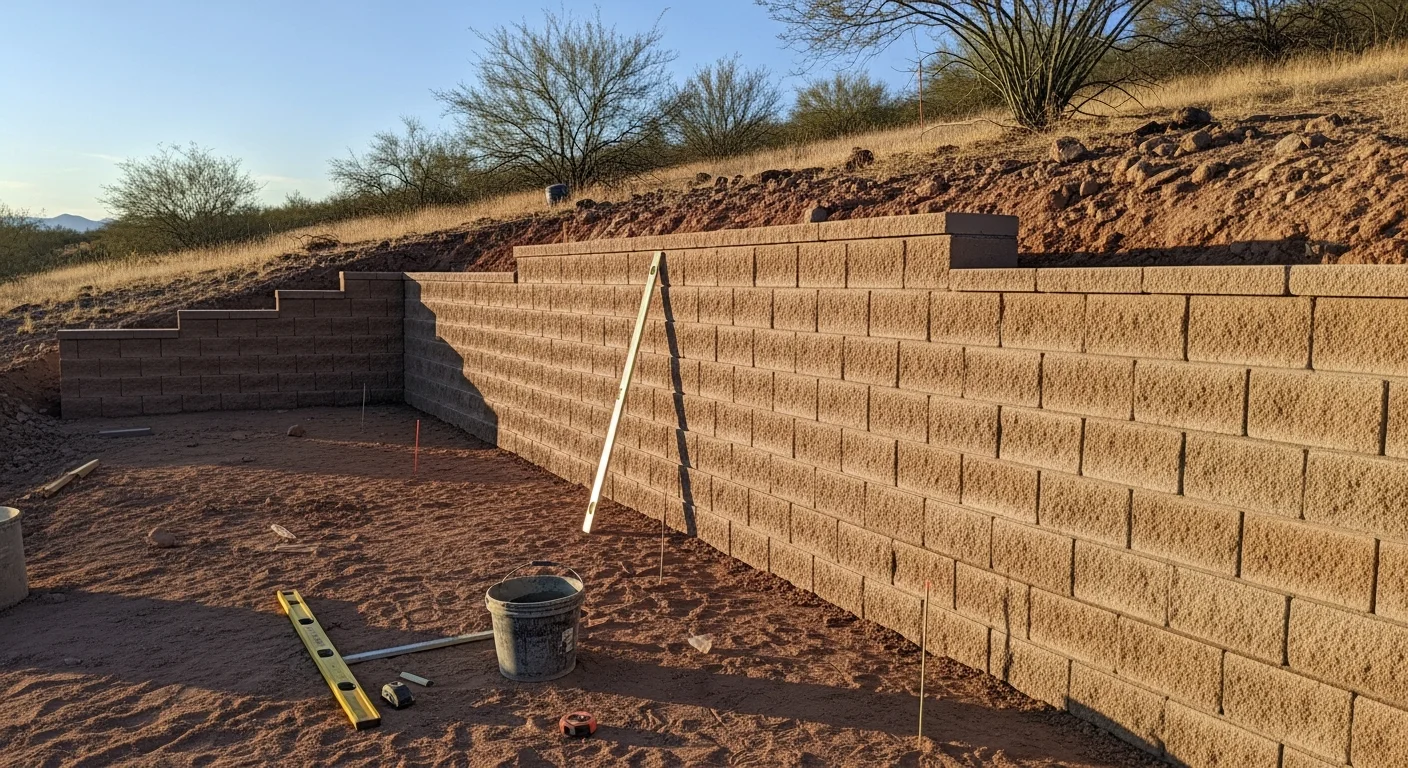 A completed masonry retaining wall holding back a sloped residential lot in Wilhoit, Arizona, with clean block coursing and a level yard surface above. The wall runs along a graded hillside typical of Yavapai County terrain.