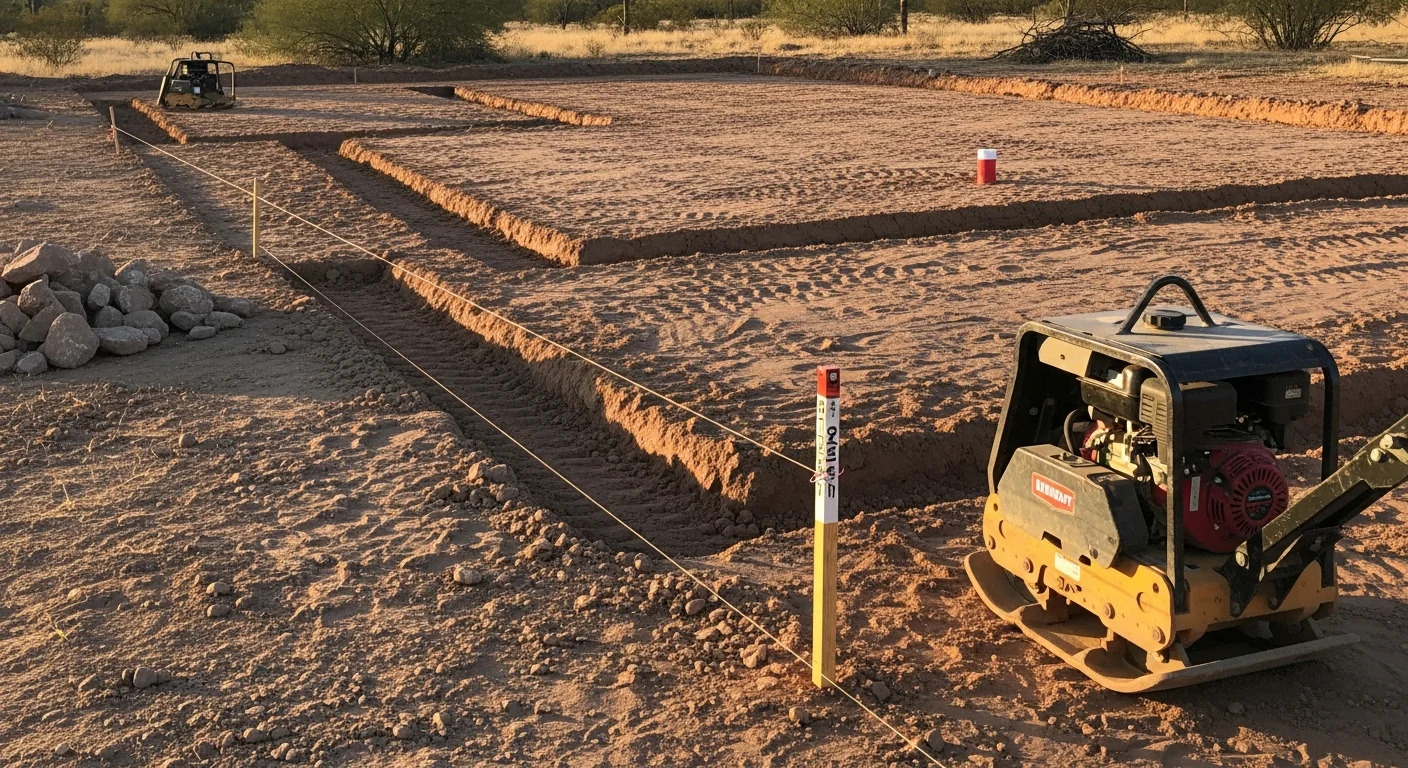 Excavation contractor grading a sloped residential lot in Wilhoit, Arizona, with cleared ground and compacted soil ready for foundation work. Heavy equipment levels uneven terrain against a backdrop of Arizona high desert landscape.