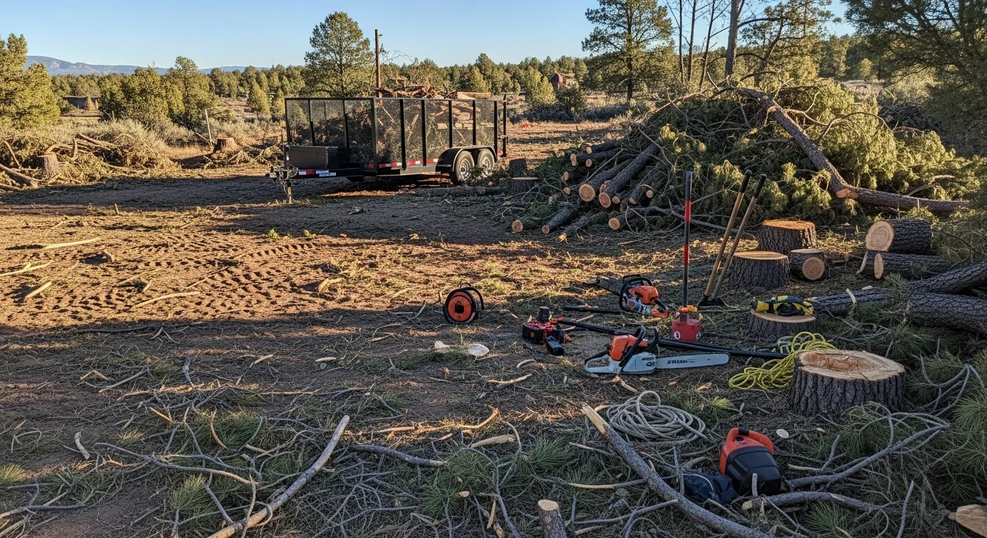 A cleared rural property in Wilhoit, Arizona after storm debris removal, with cut branches and brush hauled away and open land visible around a residential structure. A tree service crew and equipment are visible on the high-desert lot following monsoon storm cleanup.