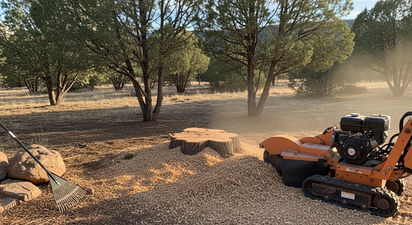 A stump grinder clearing a juniper tree stump on a rocky residential lot in Wilhoit, Arizona. The surrounding desert landscape and wood chip debris are visible around the freshly ground stump site.