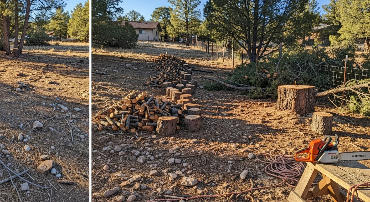 A large dead juniper tree being sectioned and removed from a residential lot in Wilhoit, Arizona, with cleared debris stacked nearby and the home visible in the background. The sloped, rocky terrain typical of Yavapai County is visible around the work area.