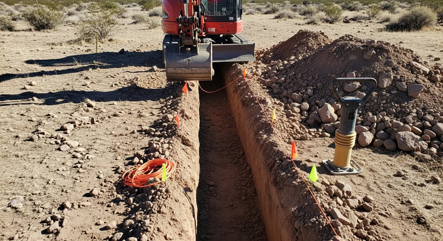 A freshly cut trench running across a rocky desert property in Wilhoit, Arizona, with excavated caliche soil piled alongside the open trench. The surrounding terrain shows sparse desert vegetation and hilly Yavapai County landscape in the background.