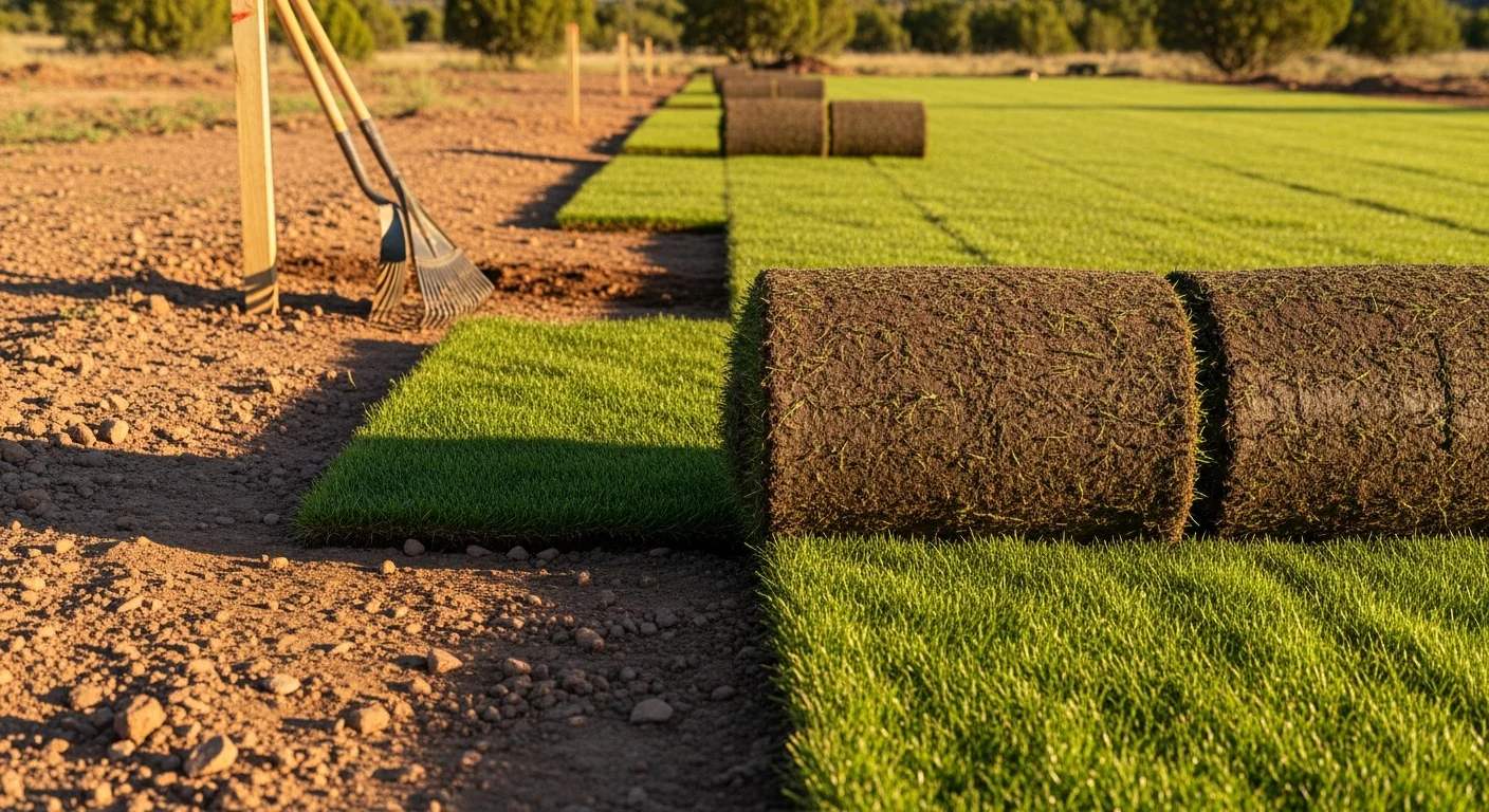 Freshly installed green turf covering the front yard of a residential property in Wilhoit, Arizona, with a gravel border and clear blue sky overhead. The surface is smooth, even, and free of bare patches or weeds.