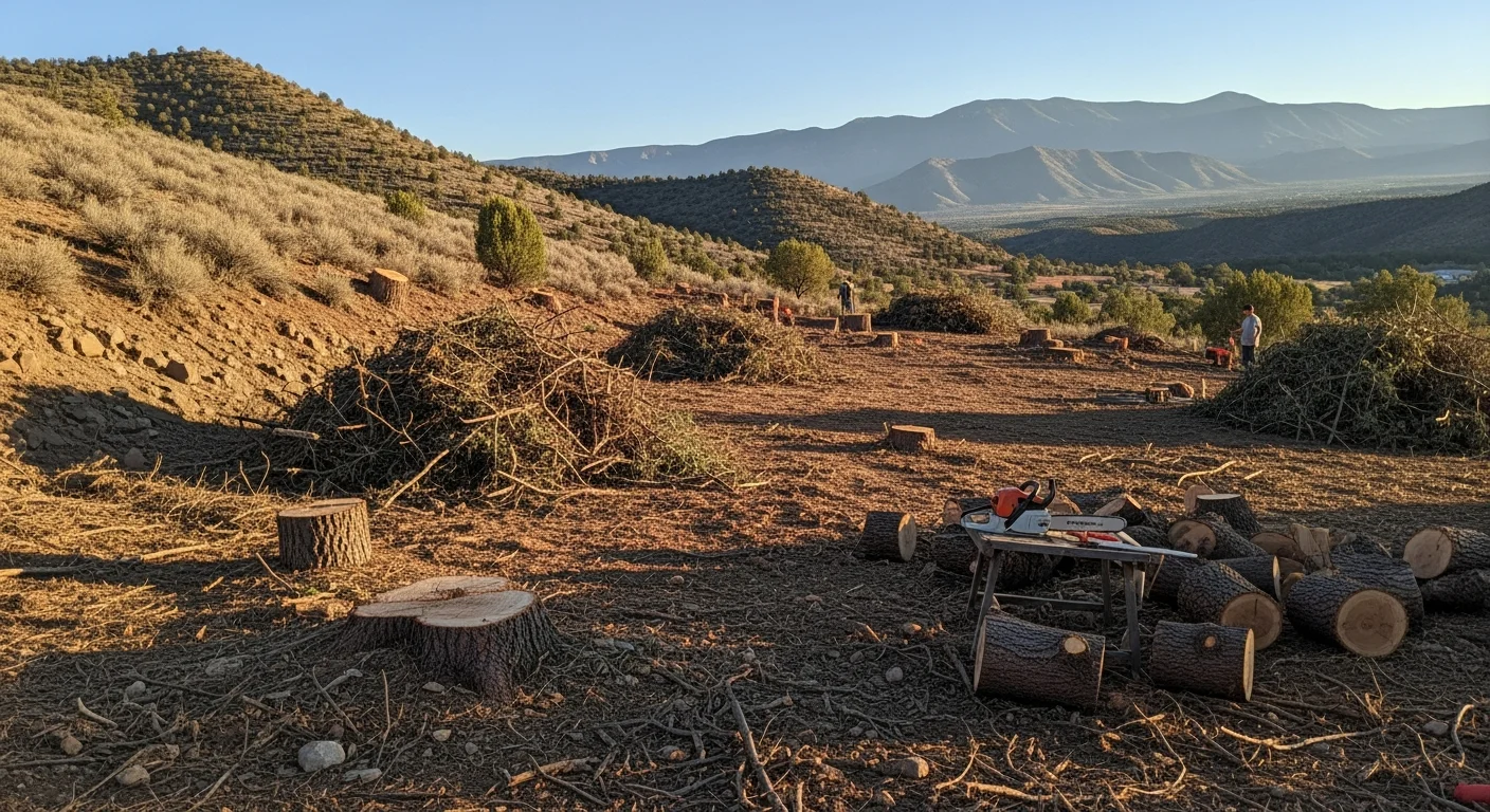 A cleared rural lot in Wilhoit, Arizona after professional vegetation removal, showing open high-desert terrain with stumps ground down and brush hauled away. A's Masonry Construction and Landscaping LLC crew equipment is visible on the sloped property edge.