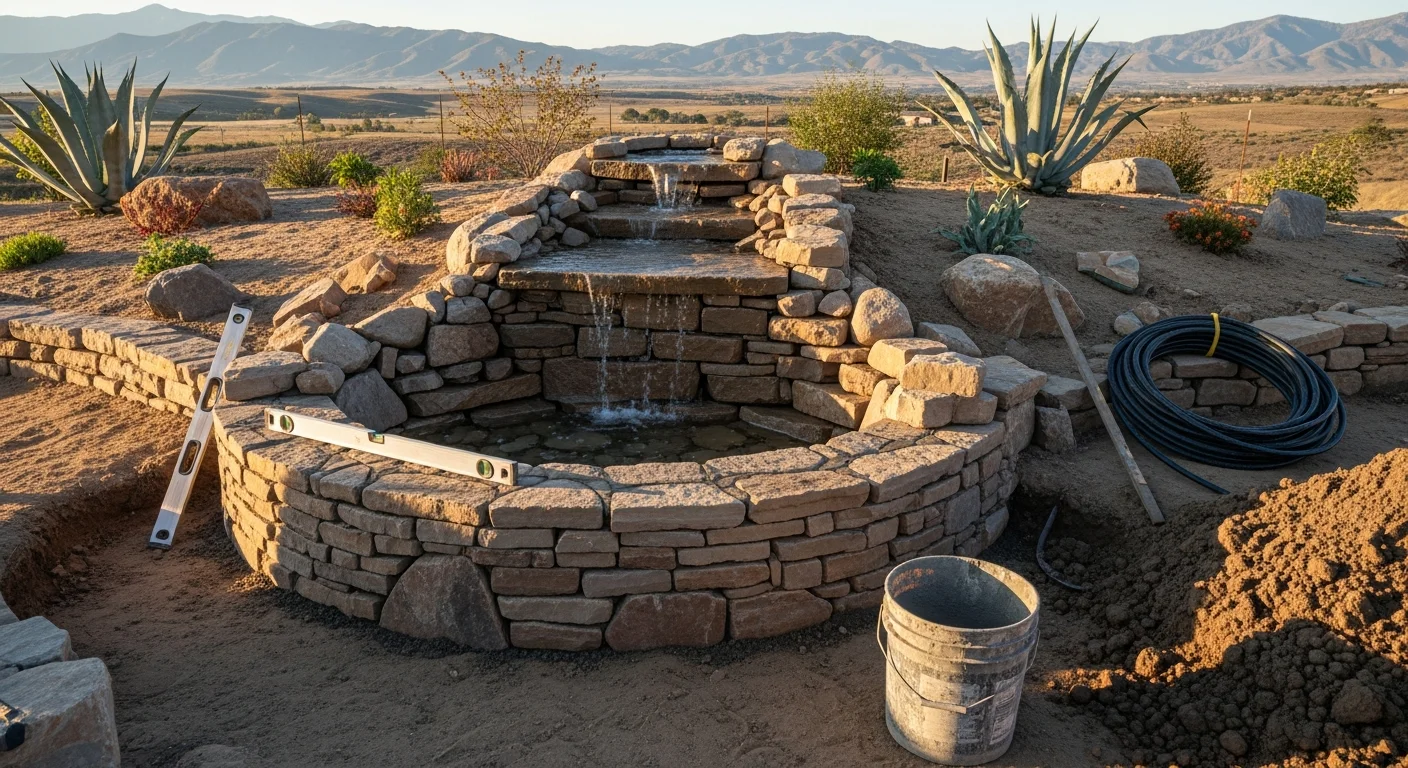 A custom stone waterfall water feature installed in a Wilhoit, Arizona backyard, with water cascading over layered rock into a small pond surrounded by desert landscaping. The feature sits adjacent to a gravel patio area under open sky typical of the Wilhoit high-desert setting.